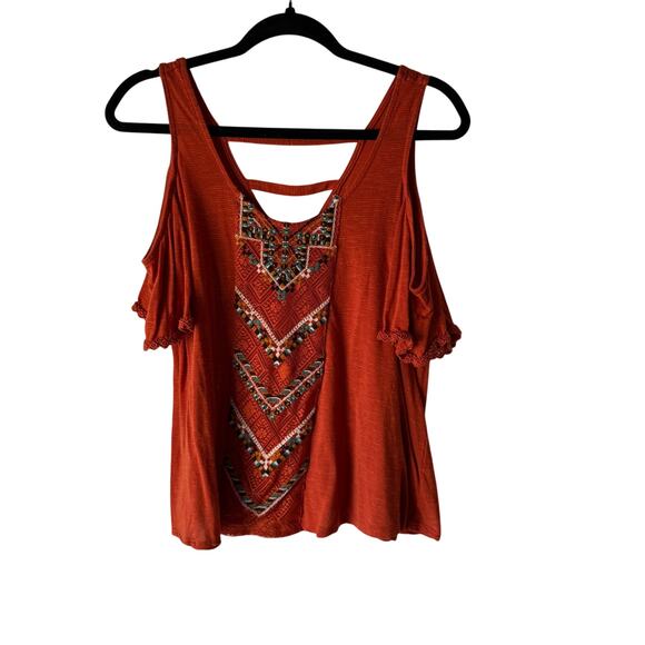 Eyeshadow Y2K Embroidered Cold Shoulder Top M Rust Orange‎ Boho Festival Style - Picture 1 of 8